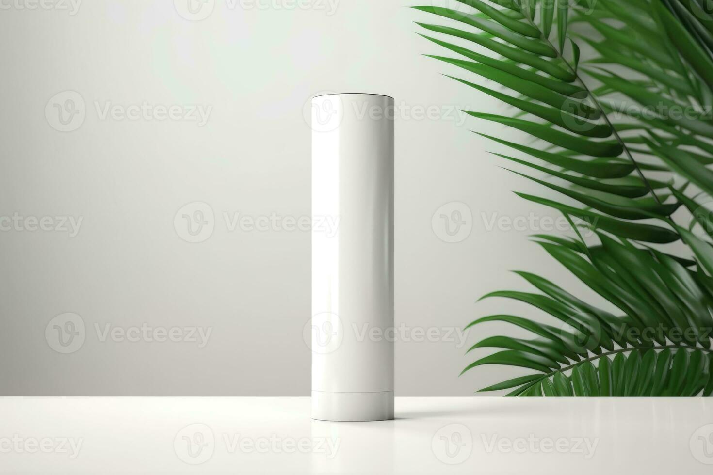 A mock-up white tube for cream on the background of palm leaves. AI Generated photo