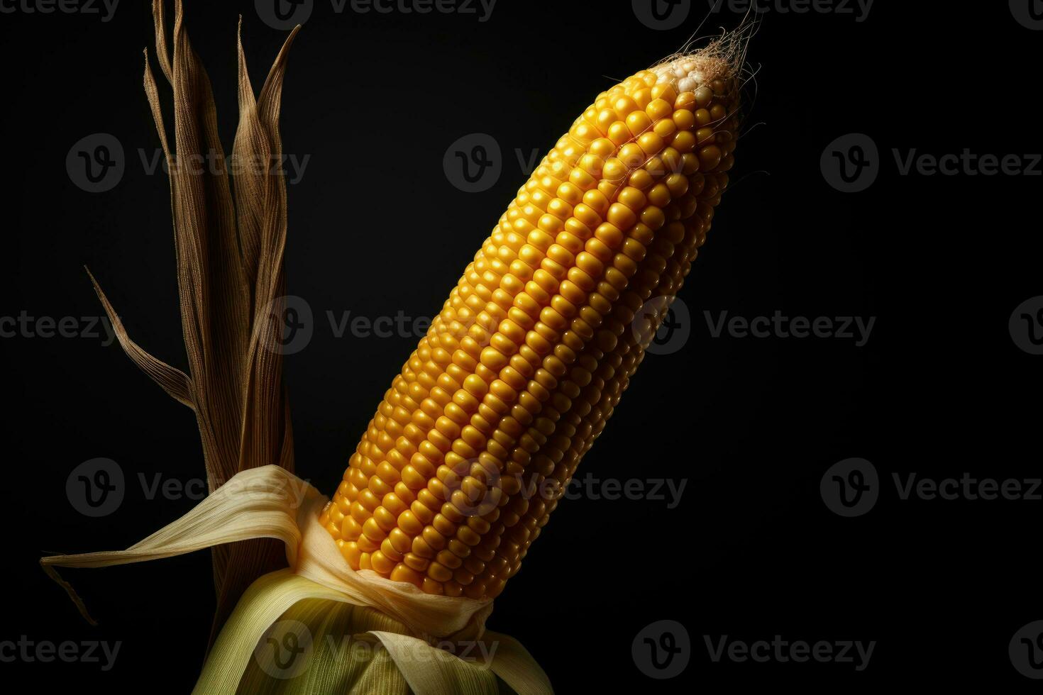 Photo of fresh corn on the cob on a dark background. AI generated
