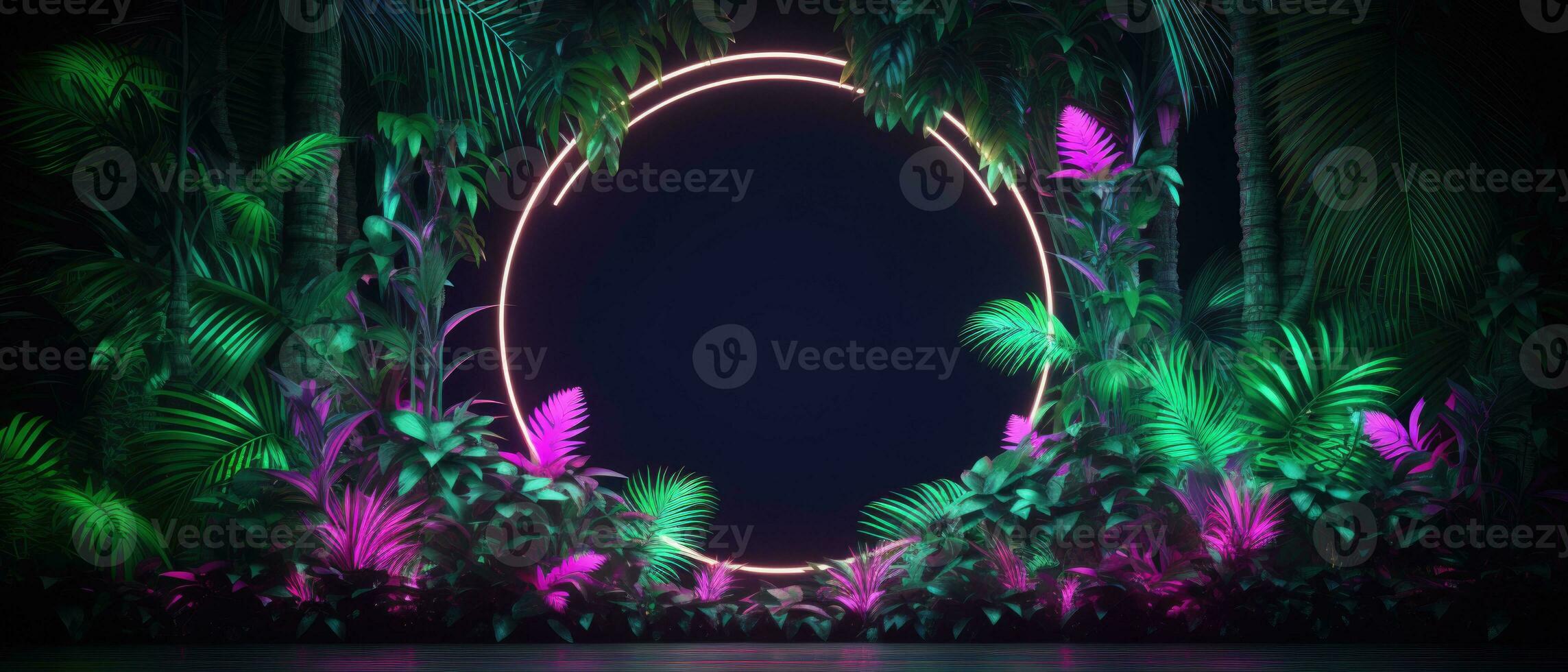 Banner with neon frame and tropical plants. AI-Generated photo