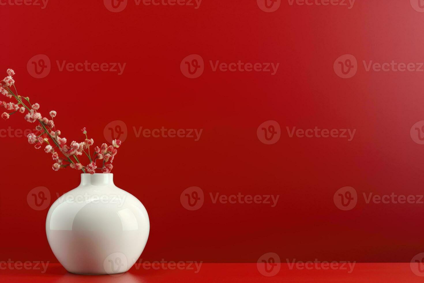 White round vase with a flower on a red wall background. AI Generated photo