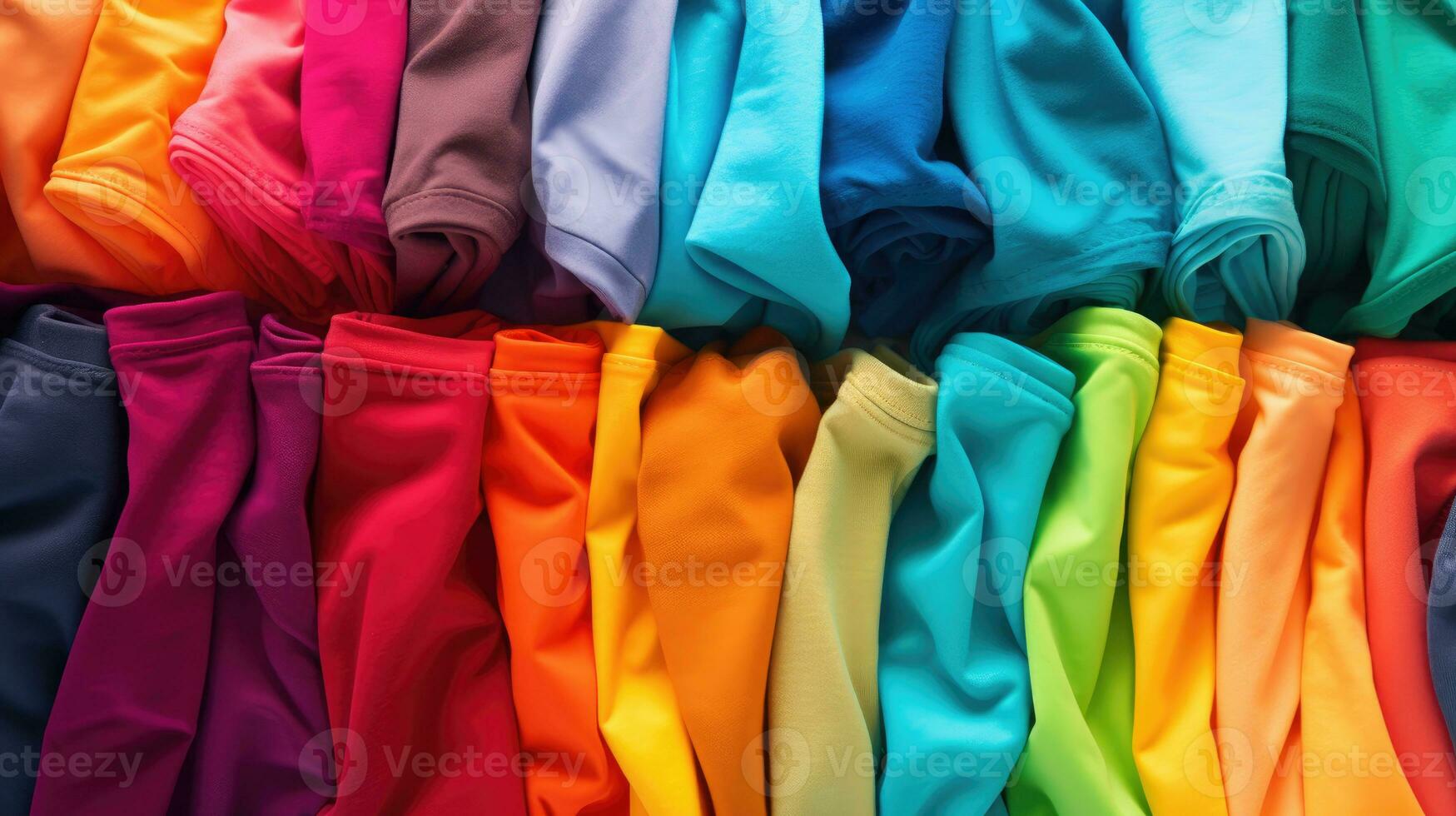 Stack of colorful t shirts with a clean background. AI generated photo