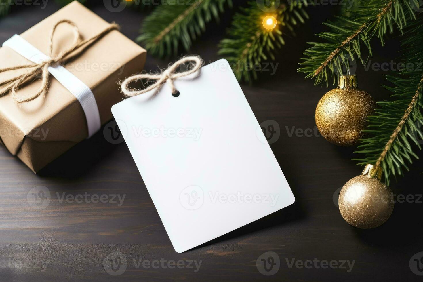 A mock-up of a white tag card with a gift box with Christmas tree toys and cones. AI Generated photo