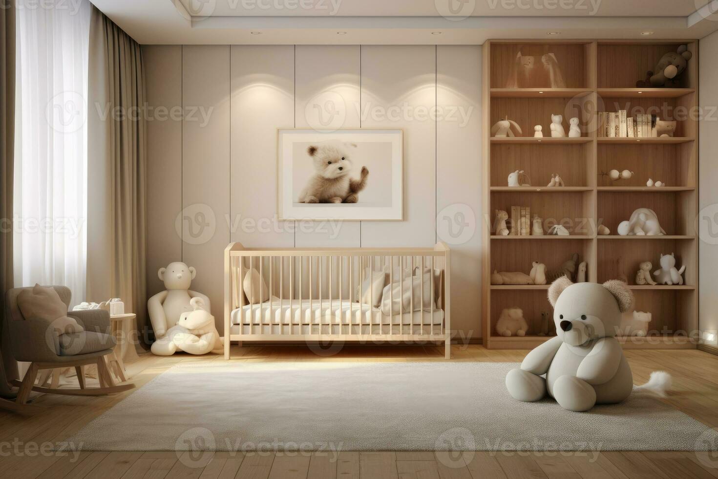 el interior de un para niños dormitorio con cunas y suave juguetes ai generado foto