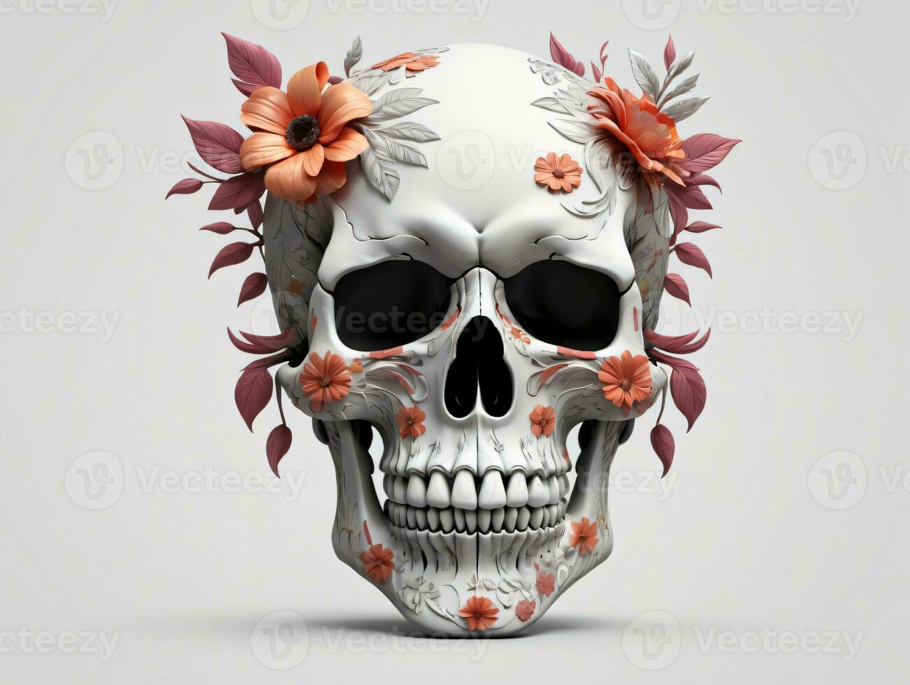 un cráneo con flores en sus cabeza. ai generado foto