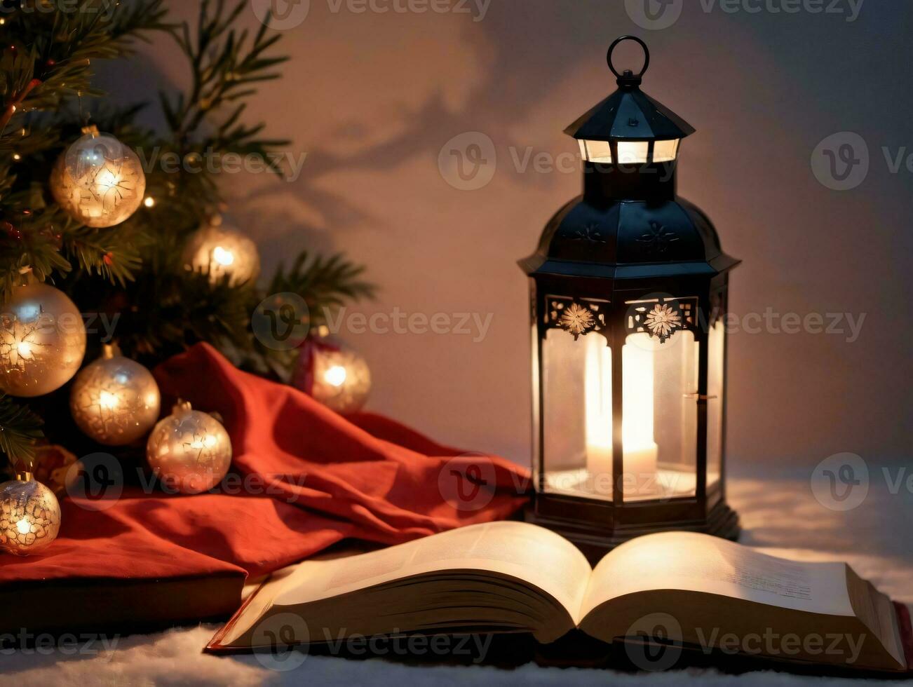 un libro con un vela y Navidad árbol en el antecedentes. ai generado foto
