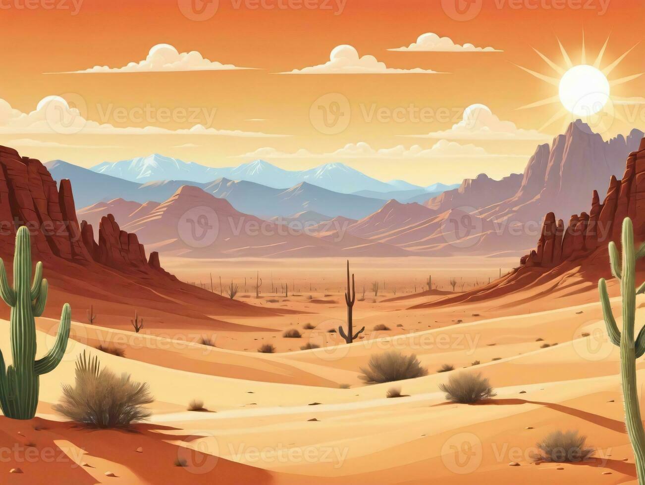 Desert Landscape With Cactus And Mountains. AI Generated photo
