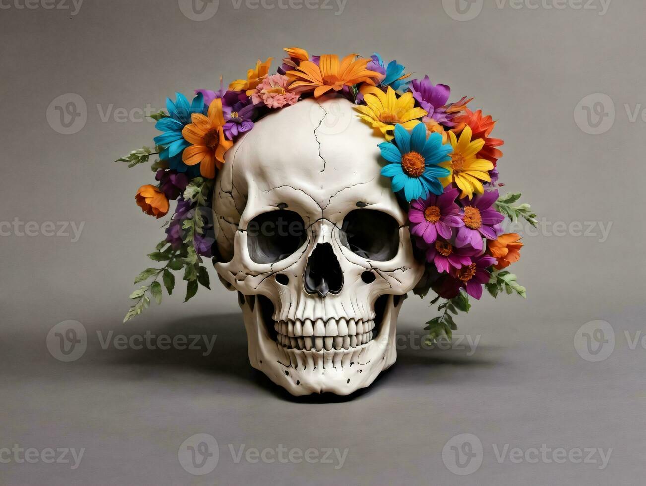 A Skull With Flowers On ItS Head. AI Generated photo