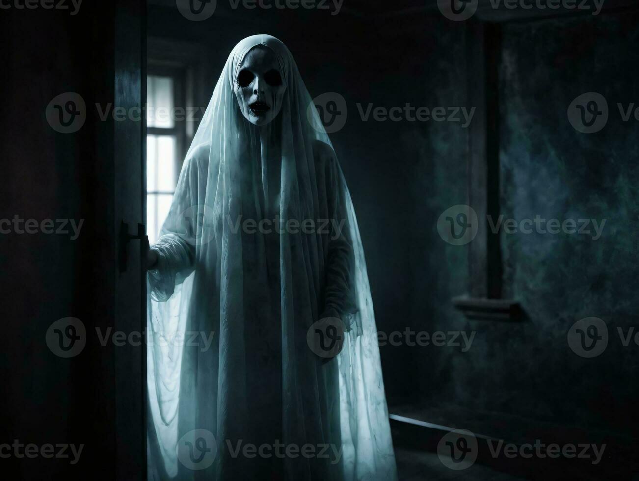 A Ghostly Man In A White Robe Standing In A Dark Room. AI Generated photo