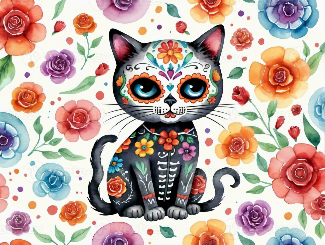 A Black Cat With A Colorful Sugar Skull On Its Face Surrounded By Flowers. AI Generated photo