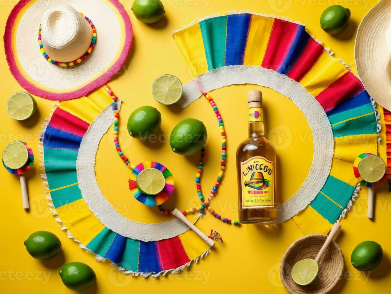 A Bottle Of Tequila And A Straw Hat On A Yellow Background. AI Generated photo