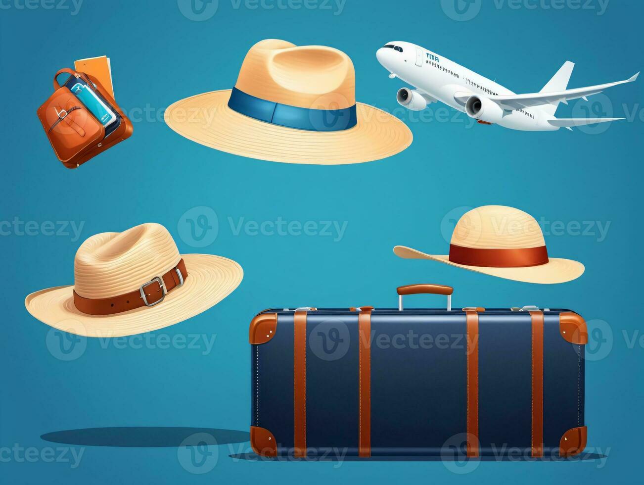 Travel Icons Set With Suitcase And Hat. AI Generated photo