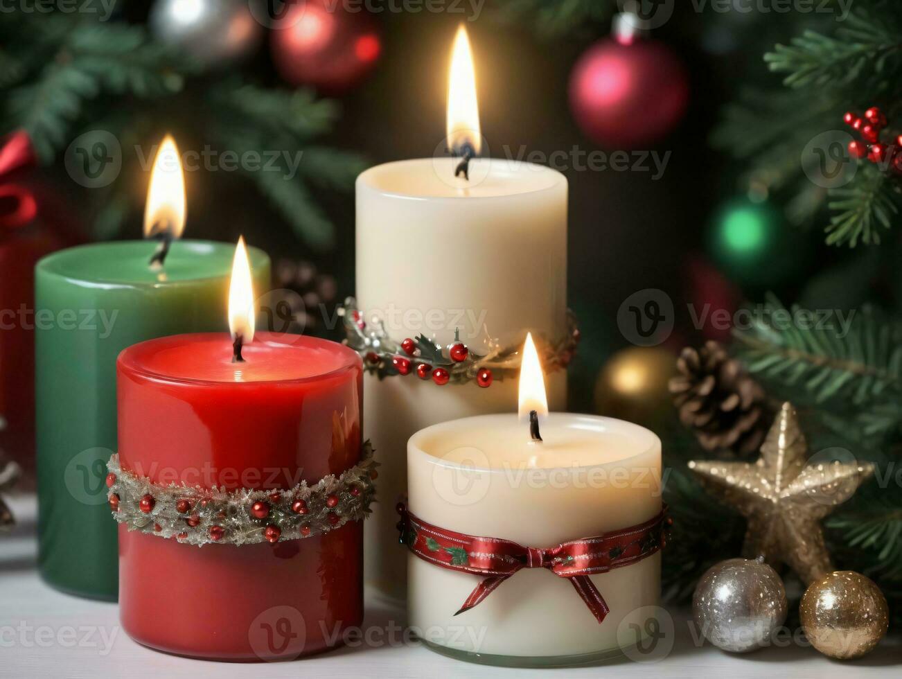 Tres velas con Navidad decoraciones y decoraciones ai generado foto