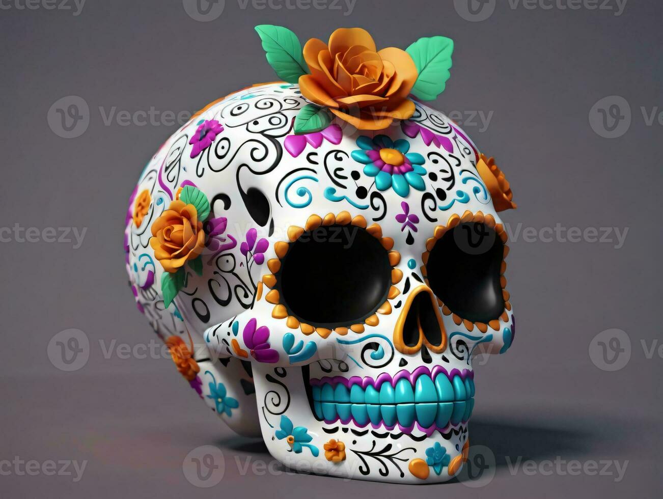 A Colorful Skull With Flowers On It. AI Generated photo