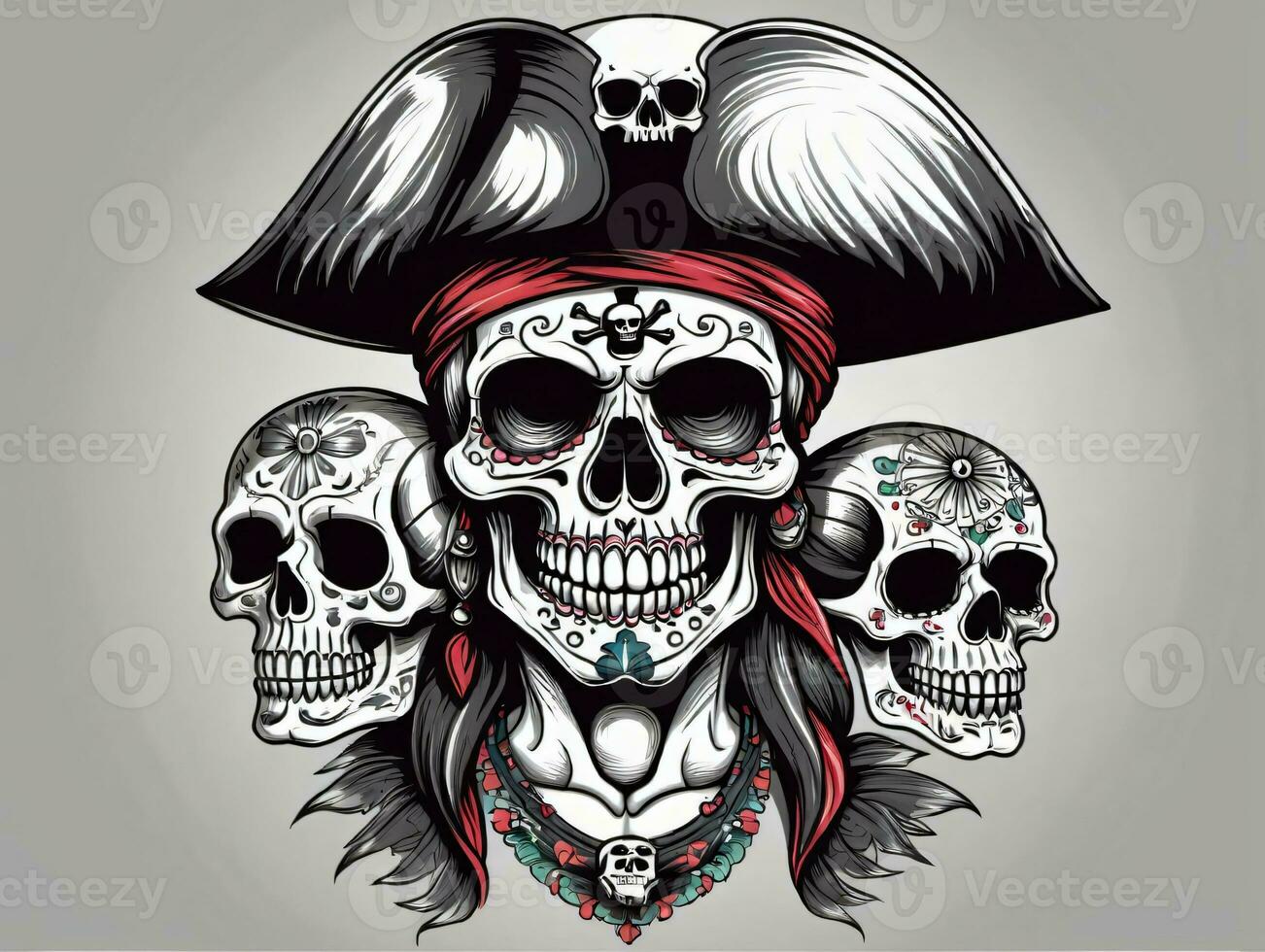 A Pirate Skull With A Hat And Two Skulls. AI Generated photo