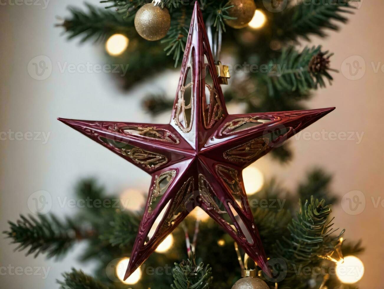 A Red Star Hanging On A Christmas Tree. AI Generated photo