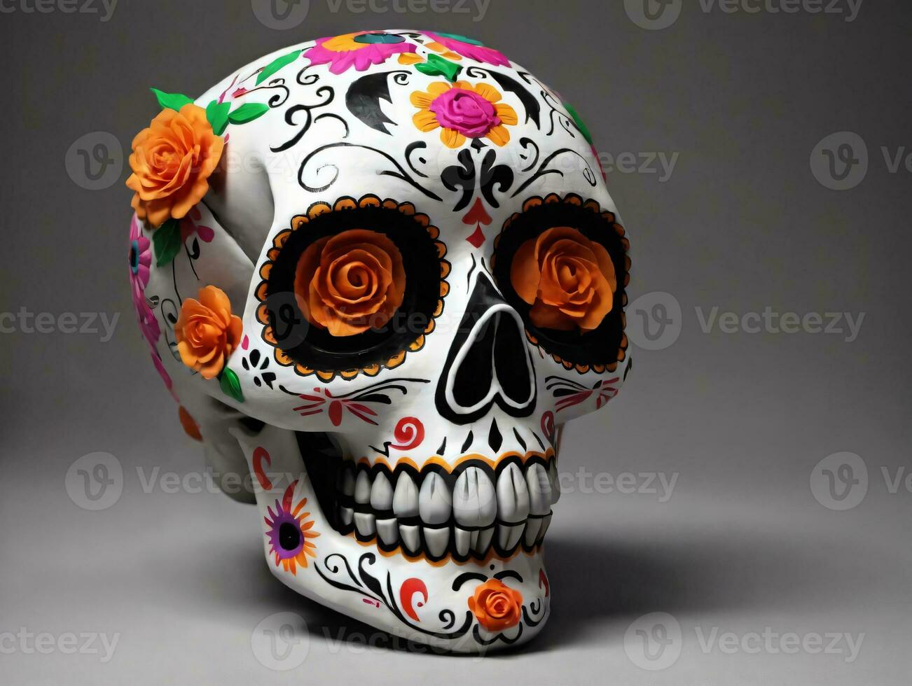 un cráneo con flores en él. ai generado foto
