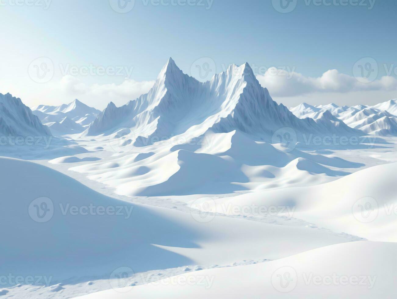 A Snowy Landscape With Mountains And Clouds. AI Generated photo