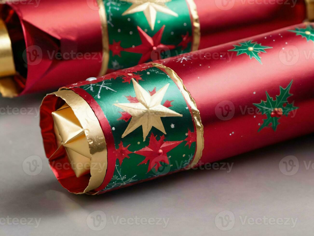 Three Wrapped Christmas Cracks With Gold Stars. AI Generated photo