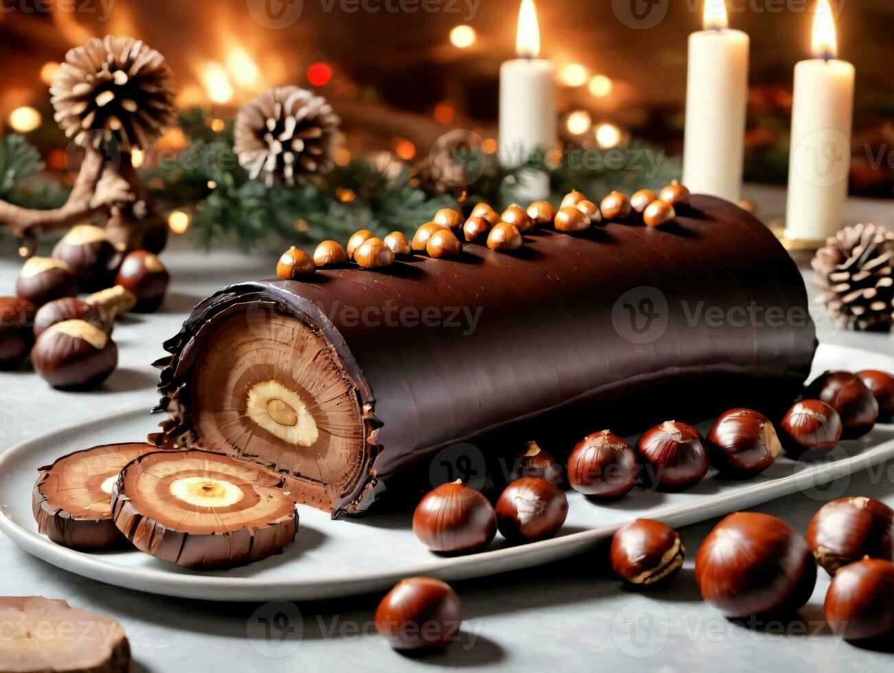 A Chocolate Log With Nuts And A Candle. AI Generated photo