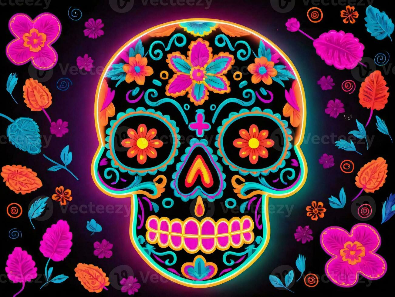 A Colorful Skull With Flowers And Leaves. AI Generated photo