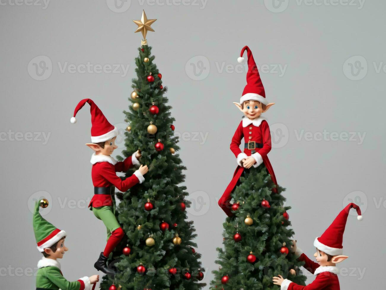 Three Elves Decorating A Christmas Tree. AI Generated photo