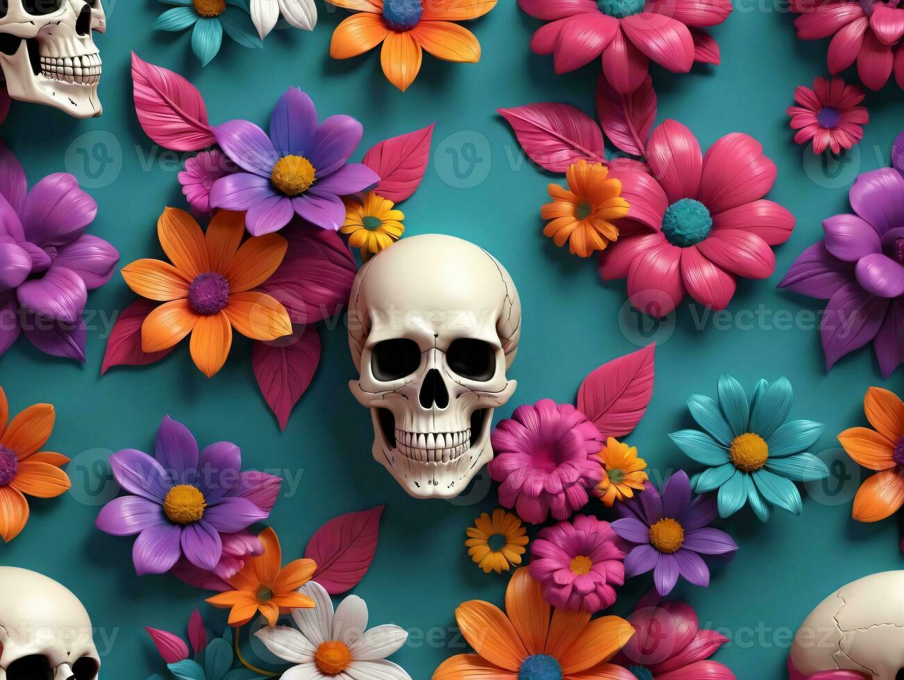 A Skull Surrounded By Flowers. AI Generated photo