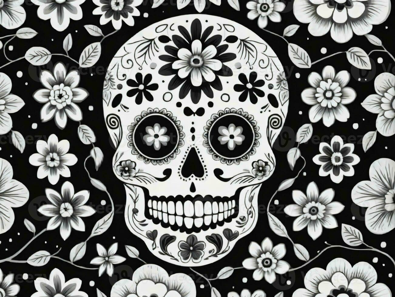 A Sugar Skull Surrounded By Flowers And Butterflies. AI Generated photo