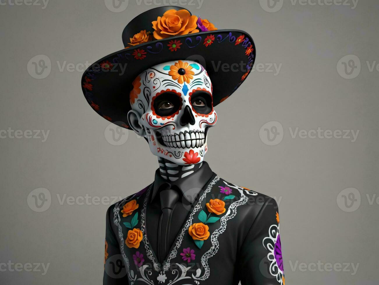A Man In A Black Suit And Hat With A Colorful Skull On His Head. AI Generated photo