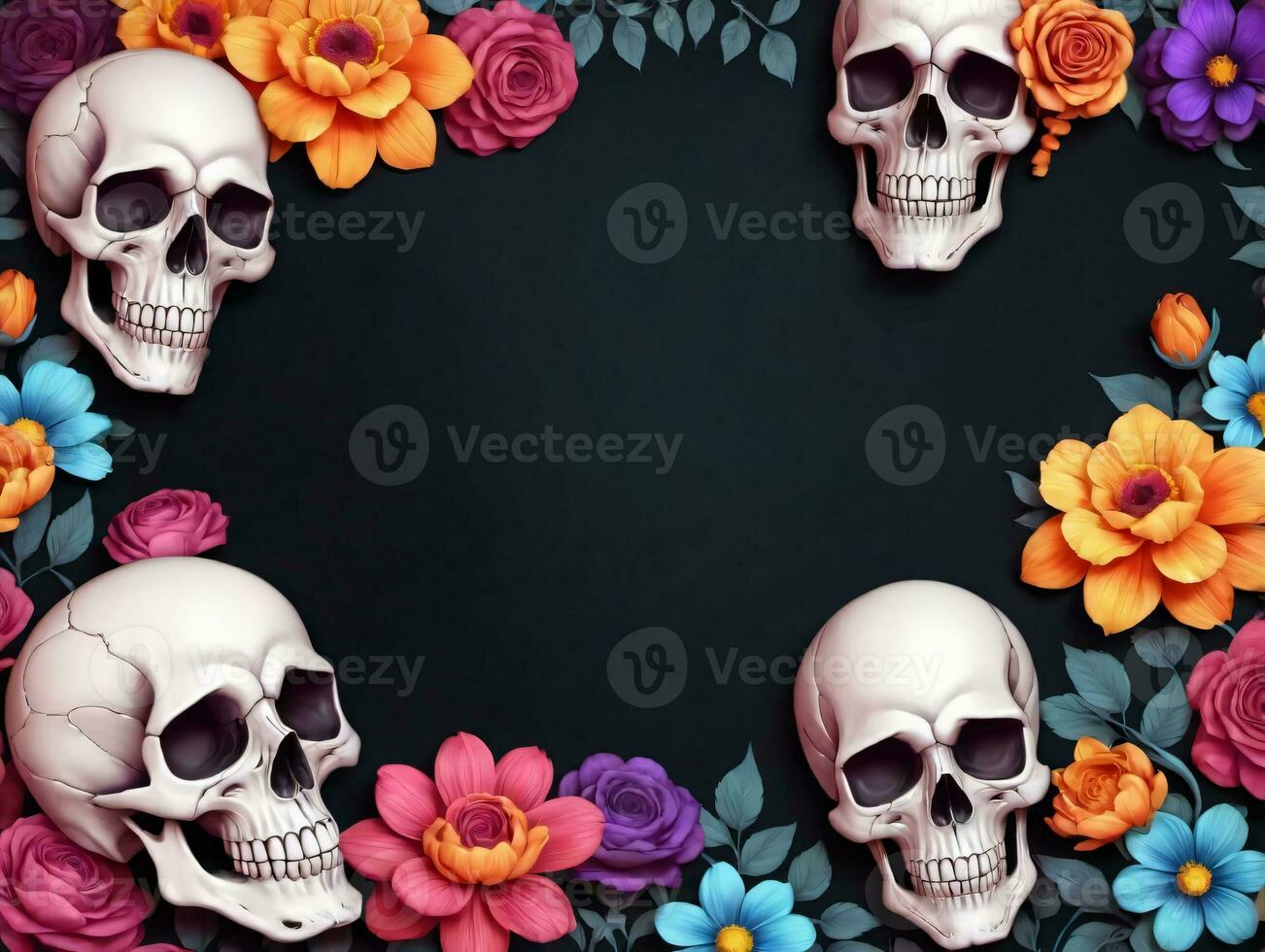 Skull And Flowers Background. AI Generated photo