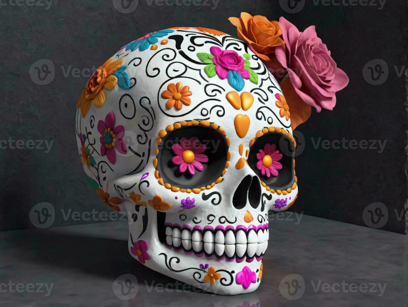 un cráneo con flores en él. ai generado foto