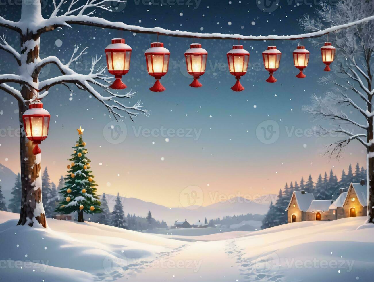 A Snowy Scene With A Christmas Tree And Lanterns. AI Generated photo