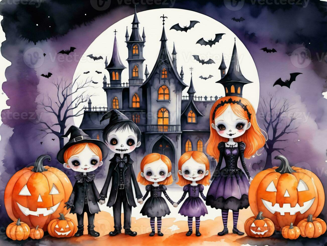 Halloween Background With Cute Cartoon Characters. AI Generated photo