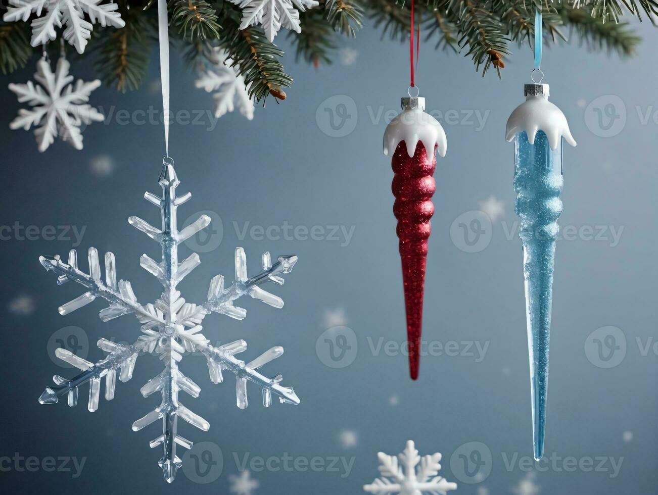 Three Snowfls Hanging From A Christmas Tree. AI Generated photo