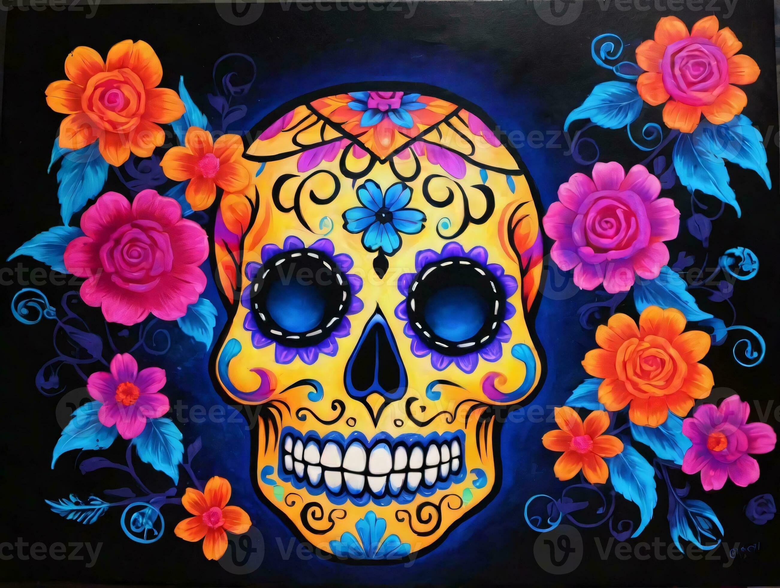 A Painting Of A Skull With Flowers On It. AI Generated 31218609 Stock