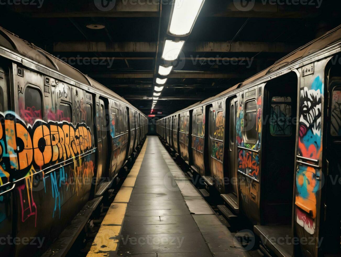 un tren con pintada en él. ai generado foto