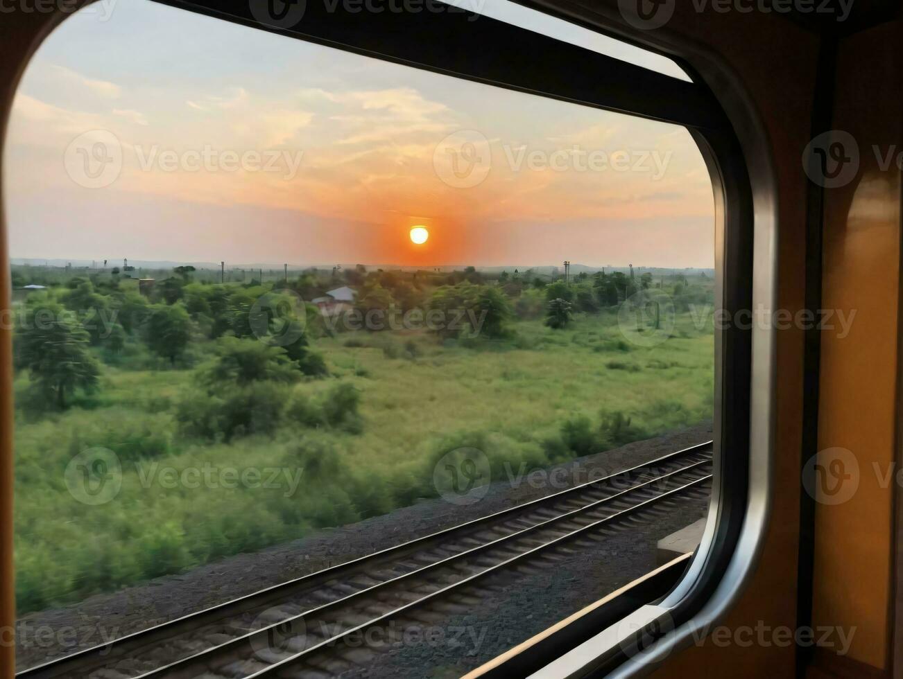 A View Of A Sunset From A Train Window. AI Generated photo