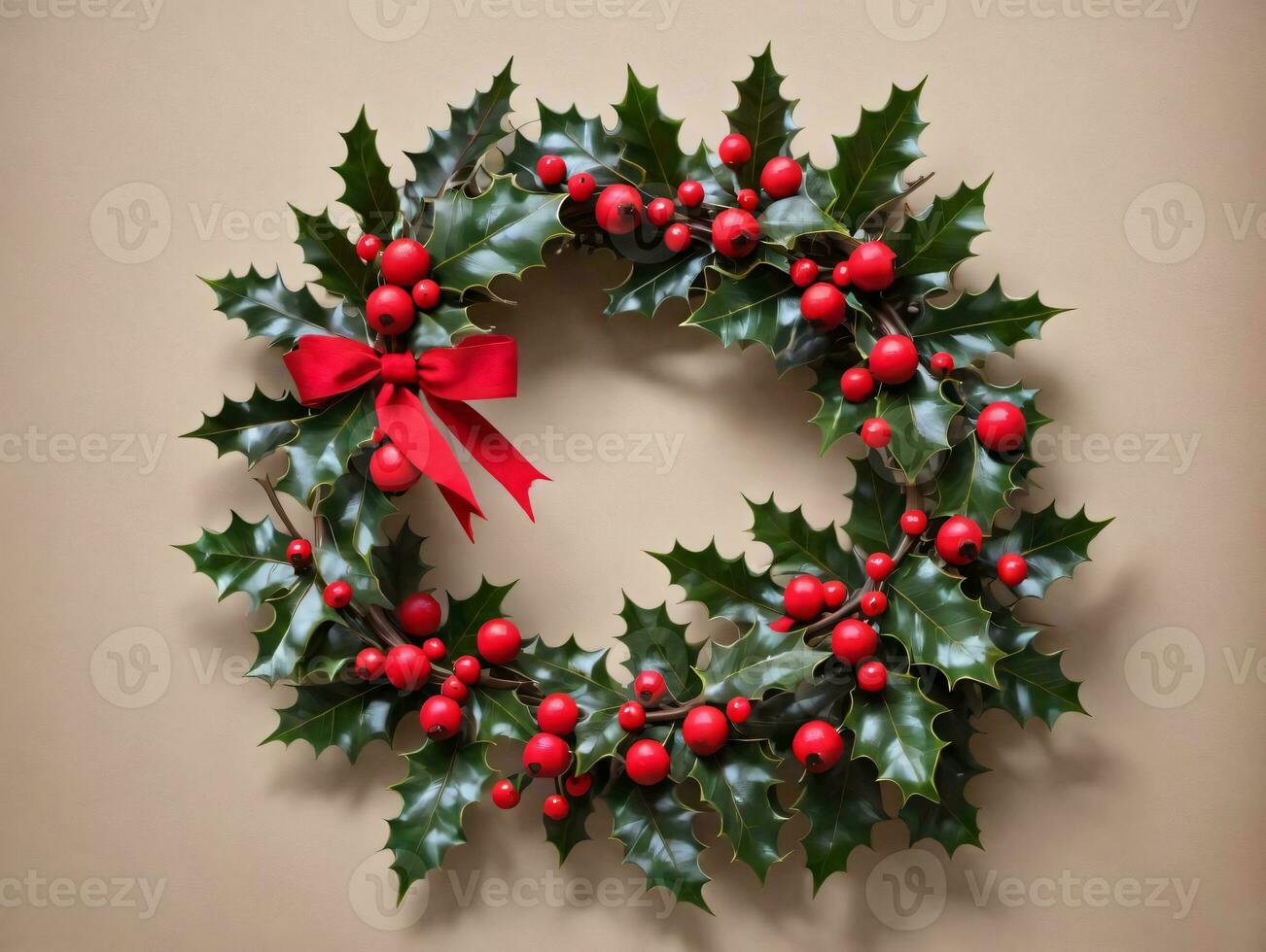 A Christmas Wreath With Holly And Red Berries. AI Generated photo