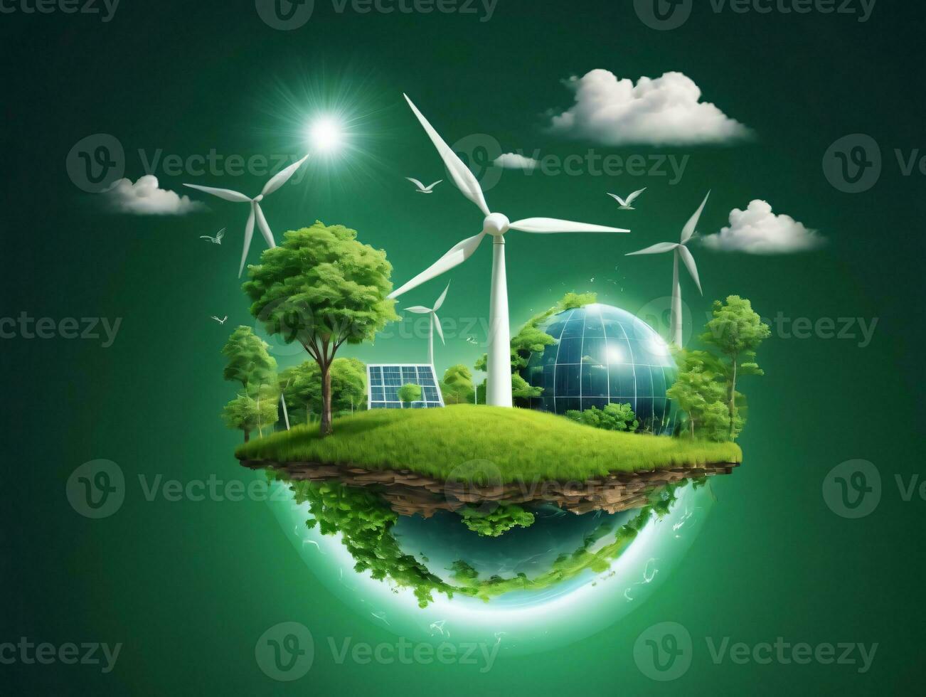 verde energía concepto con viento turbinas y solar paneles ai generado foto