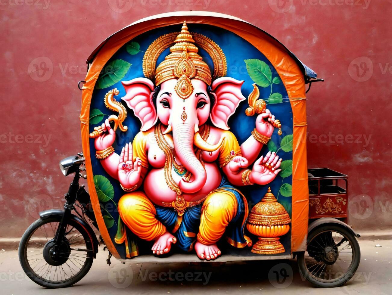 A Colorfully Painted Elephant On A Tricycle. AI Generated photo