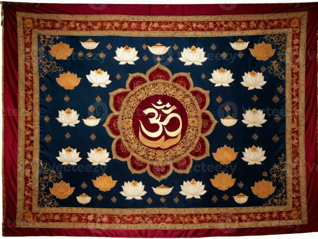 A Large Blue And Red Tapestry With A Gold Oma. AI Generated photo