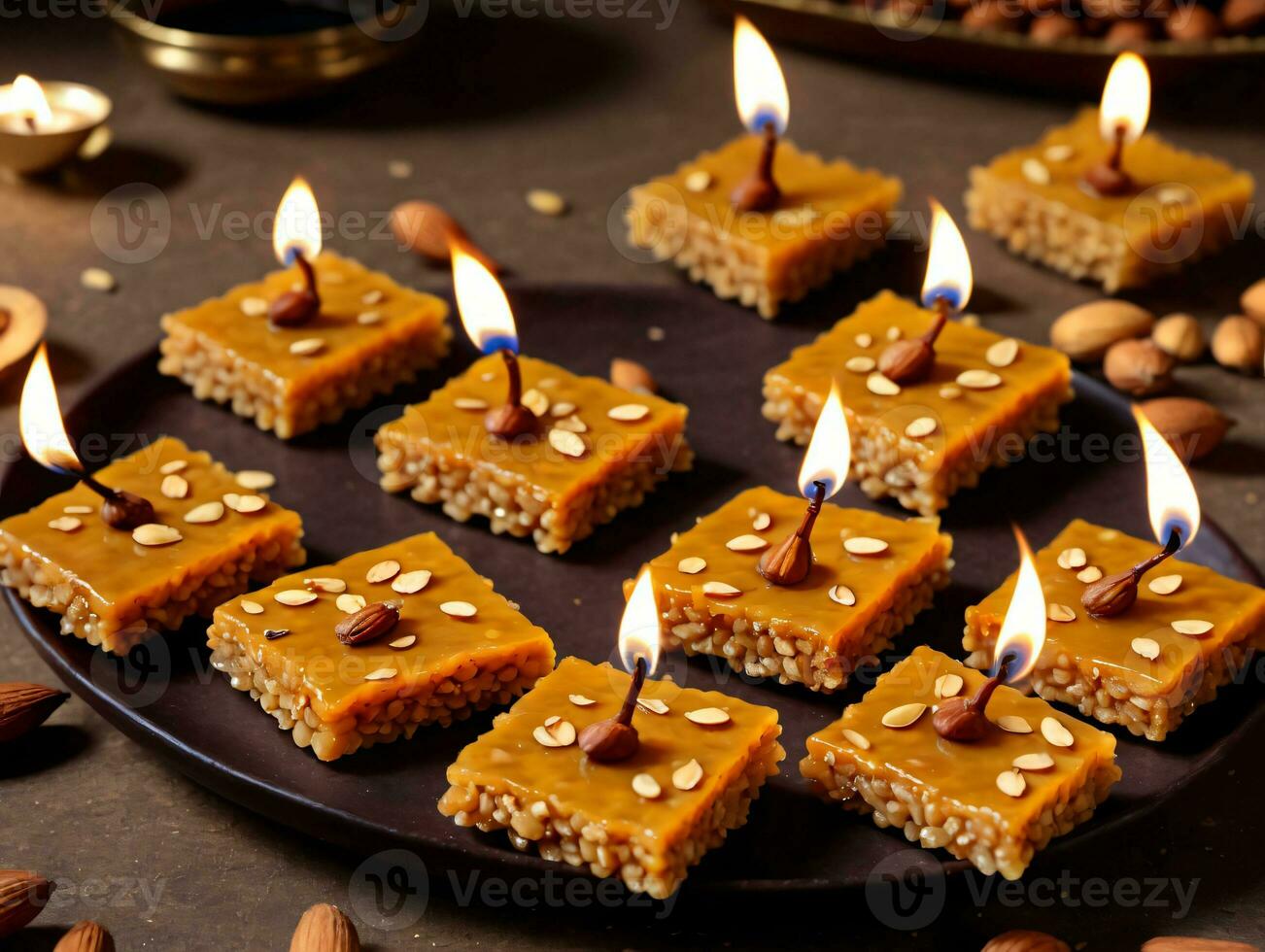A Plate Of Chocolate And Nuts With A Lit Candle. AI Generated photo