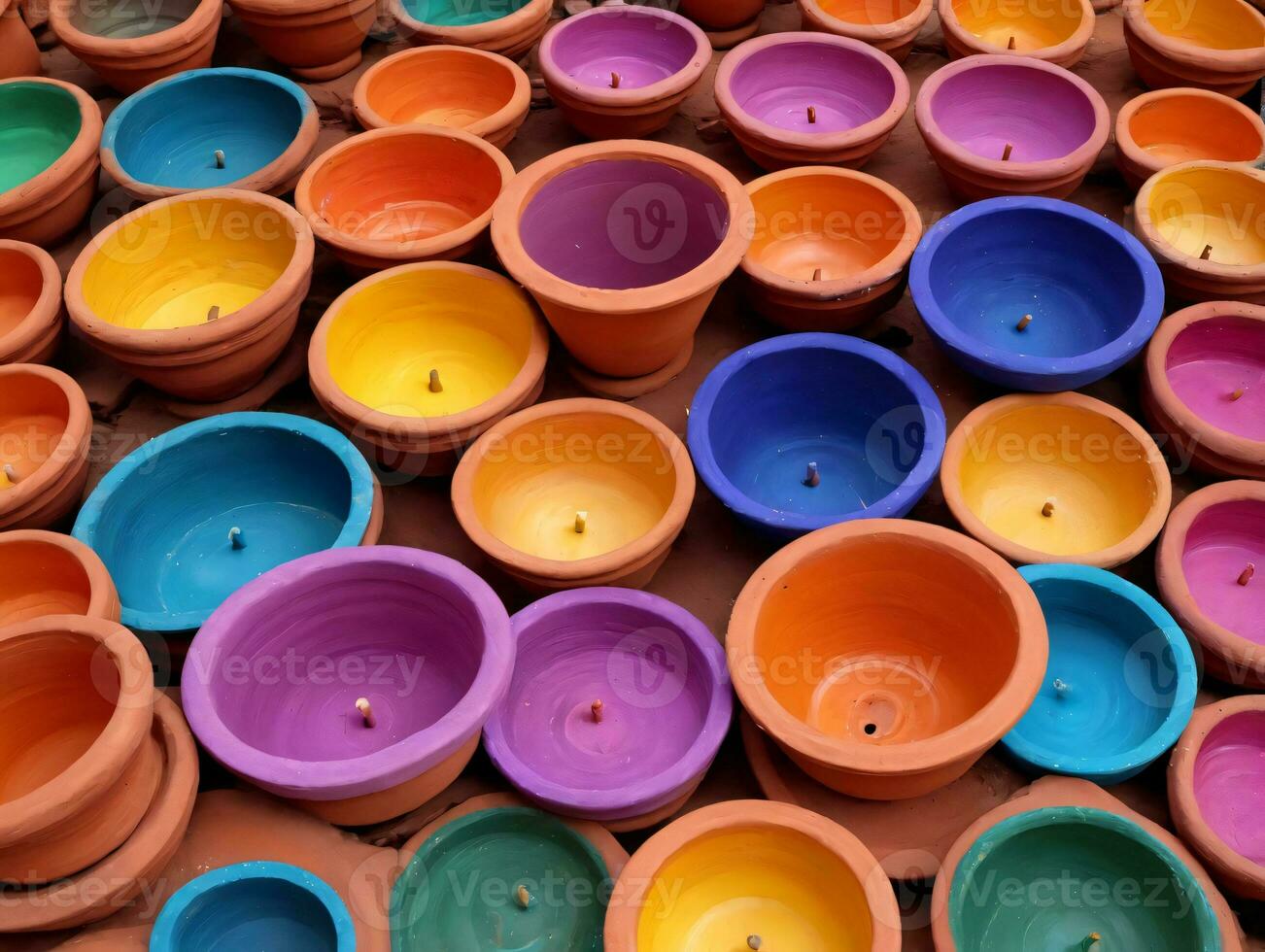 Colorful Clay Bowls Are Stacked On A Table. AI Generated photo