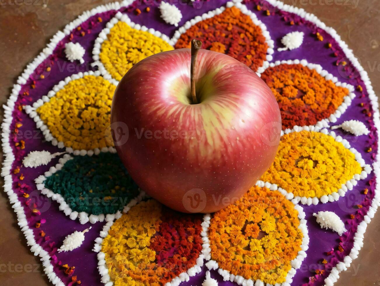 A Red Apple Sitting On A Colorfully Decorated Flowered Table. AI Generated photo