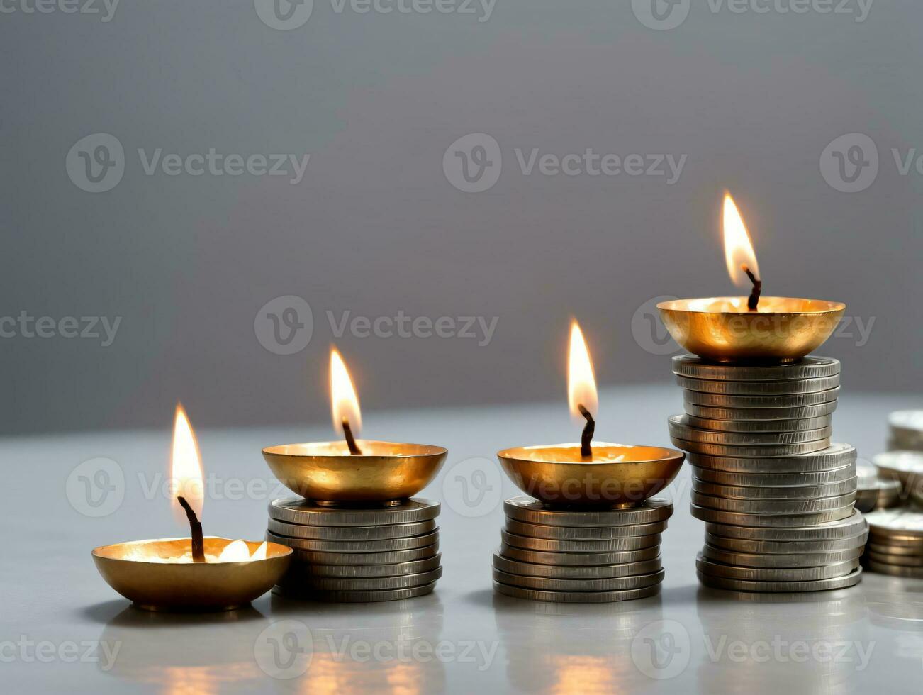 A Pile Of Coins With A Lit Candle. AI Generated photo