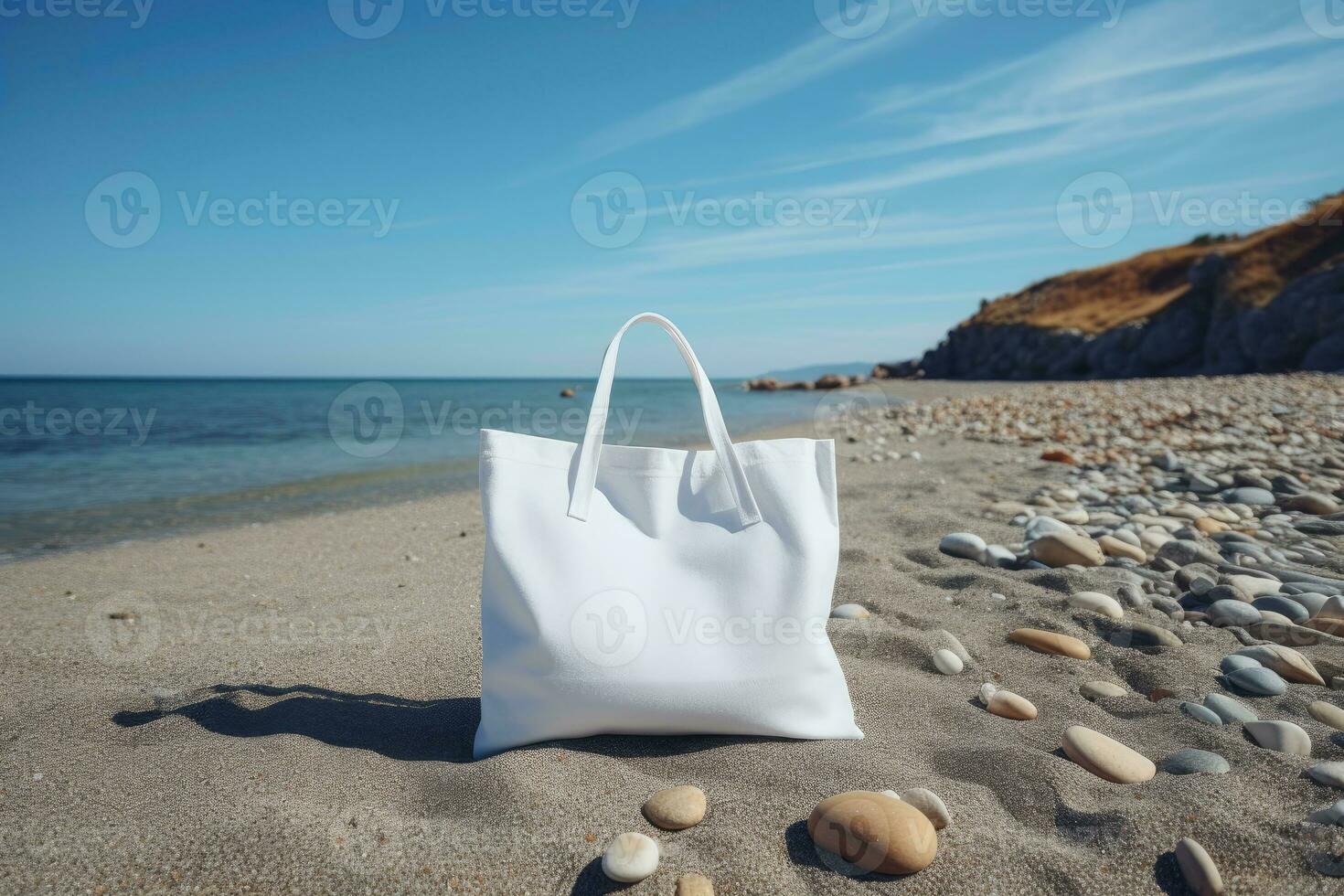 A white bag with handles stands on the beach on the sand. AI generated photo