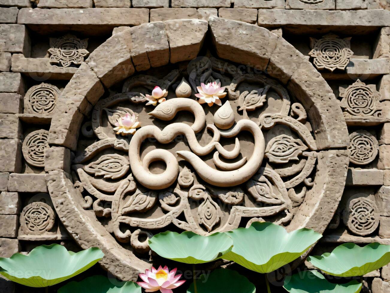 A Stone Wall With A Flower And A Snake. AI Generated photo