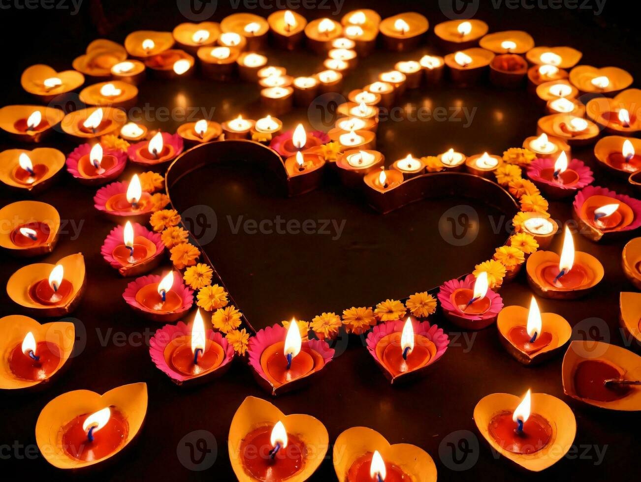 un corazón hecho de velas y flores ai generado foto