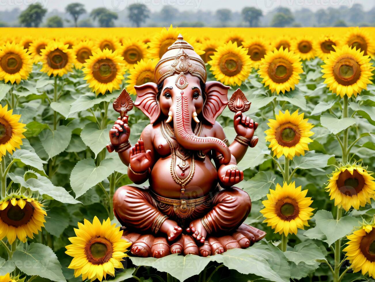 A Statue Of An Elephant In A Field Of Sunflowers. AI Generated photo