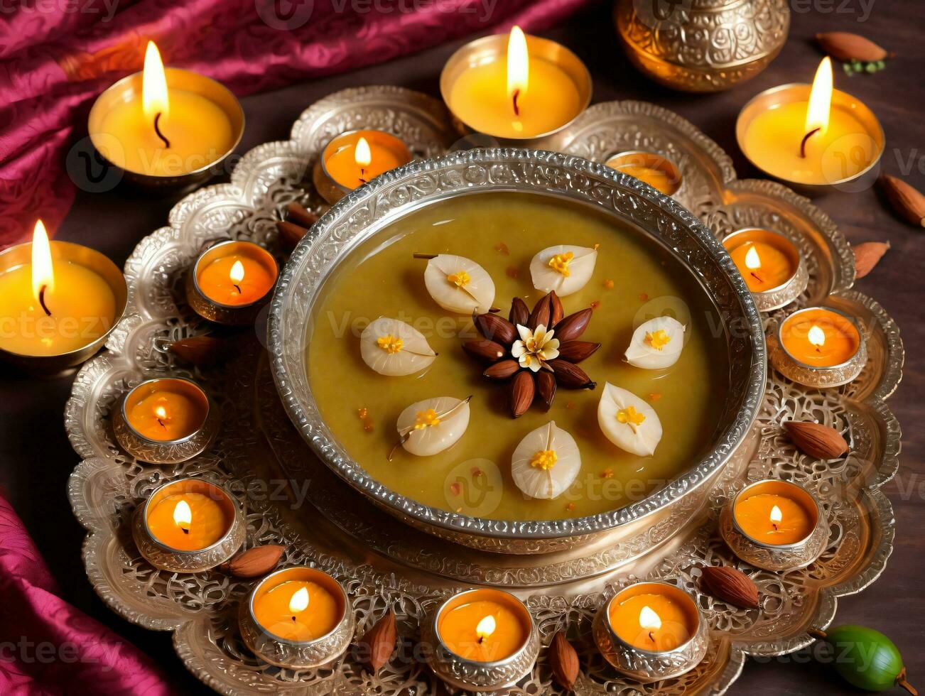 A Bowl Of Food With Candles And A Plate Of Food. AI Generated photo