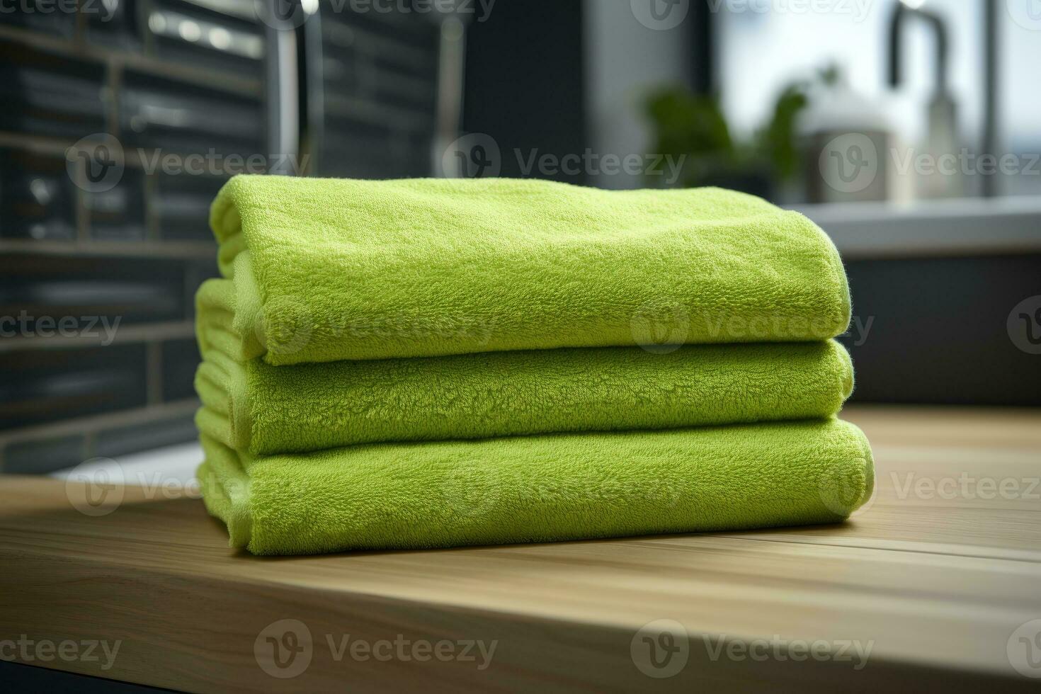 A set of folded green terry towels lies on a shelf. AI generated photo